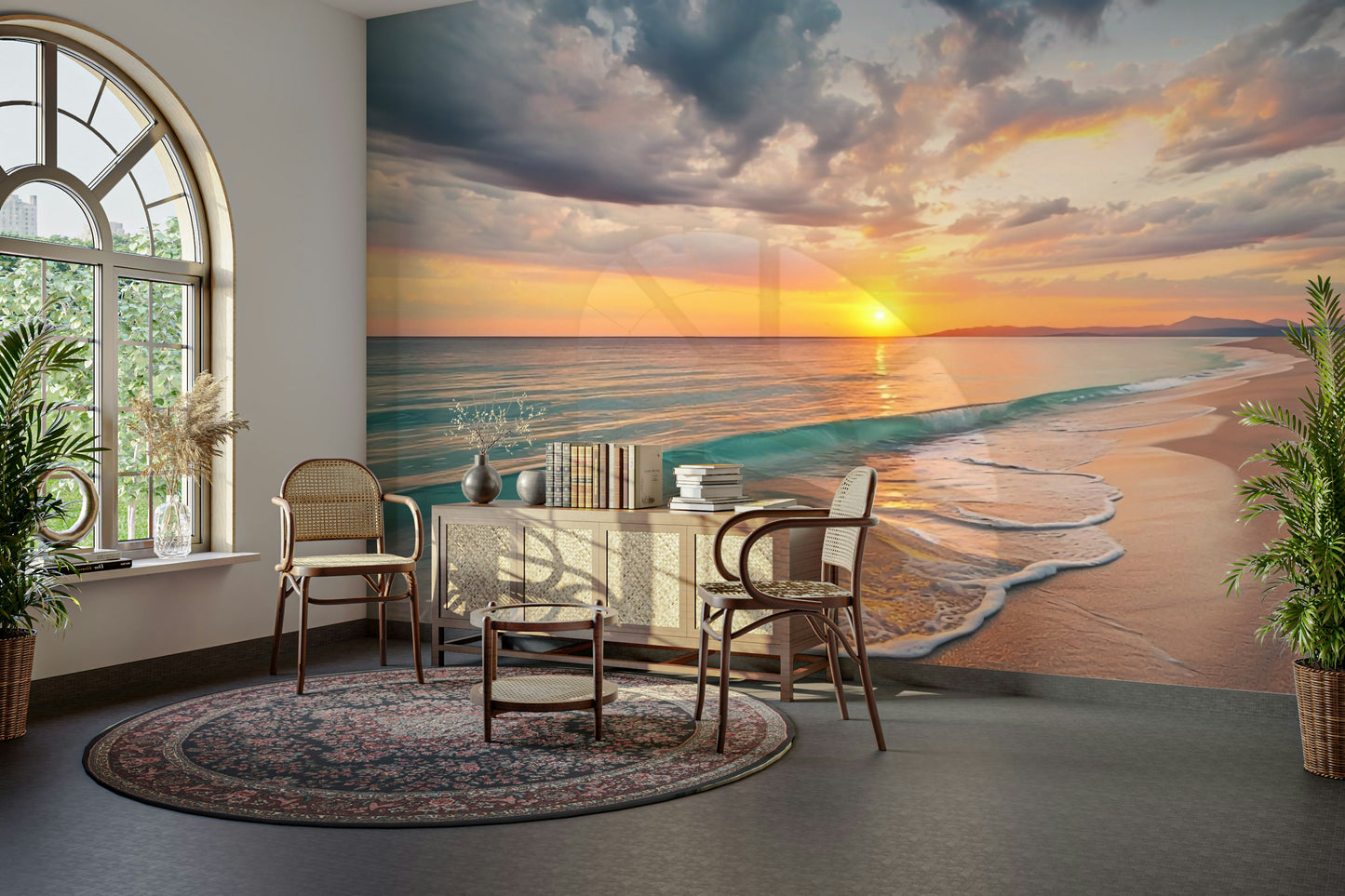 Wall wallpaper featuring dreamy coastal landscape artwork

