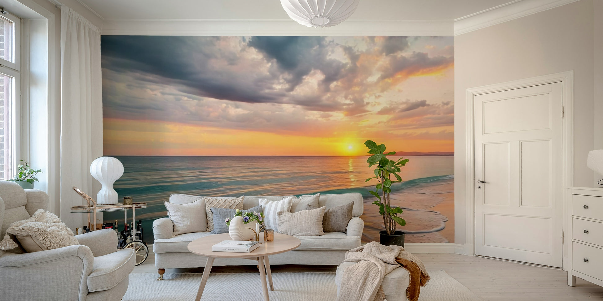 Ocean view wallpaper design with calm shoreline scenery


