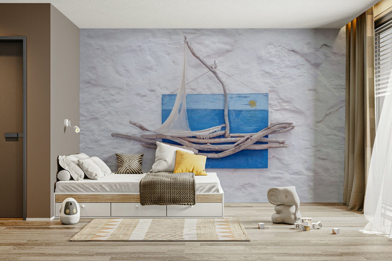 A peaceful open ocean mural on decorative wallpaper.

