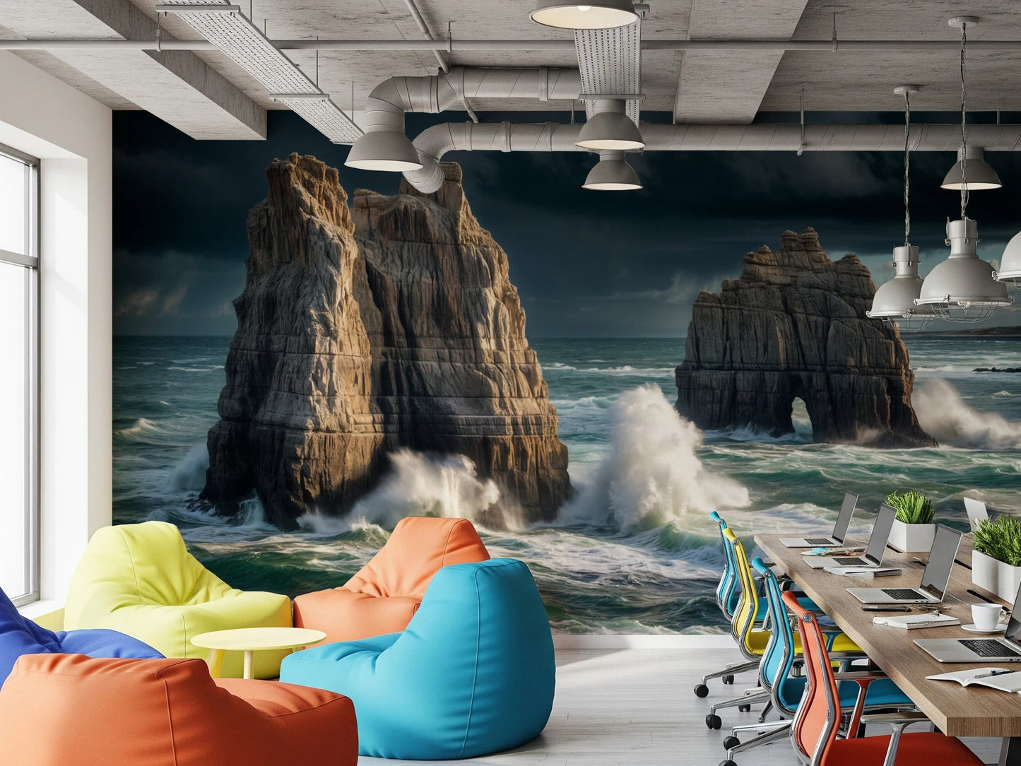 Coastal Giants wallpaper mural in an office lounge with colorful bean bags and laptop desks