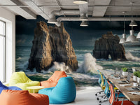 Coastal Giants wallpaper mural in an office lounge with colorful bean bags and laptop desks