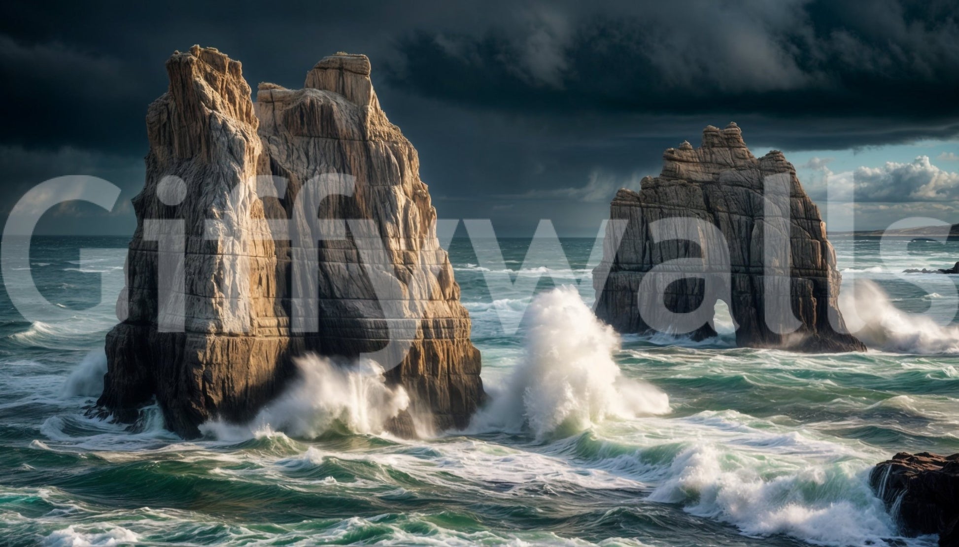 Coastal Giants wallpaper mural shown as a full-wall stormy seascape of waves crashing on towering sea stacks