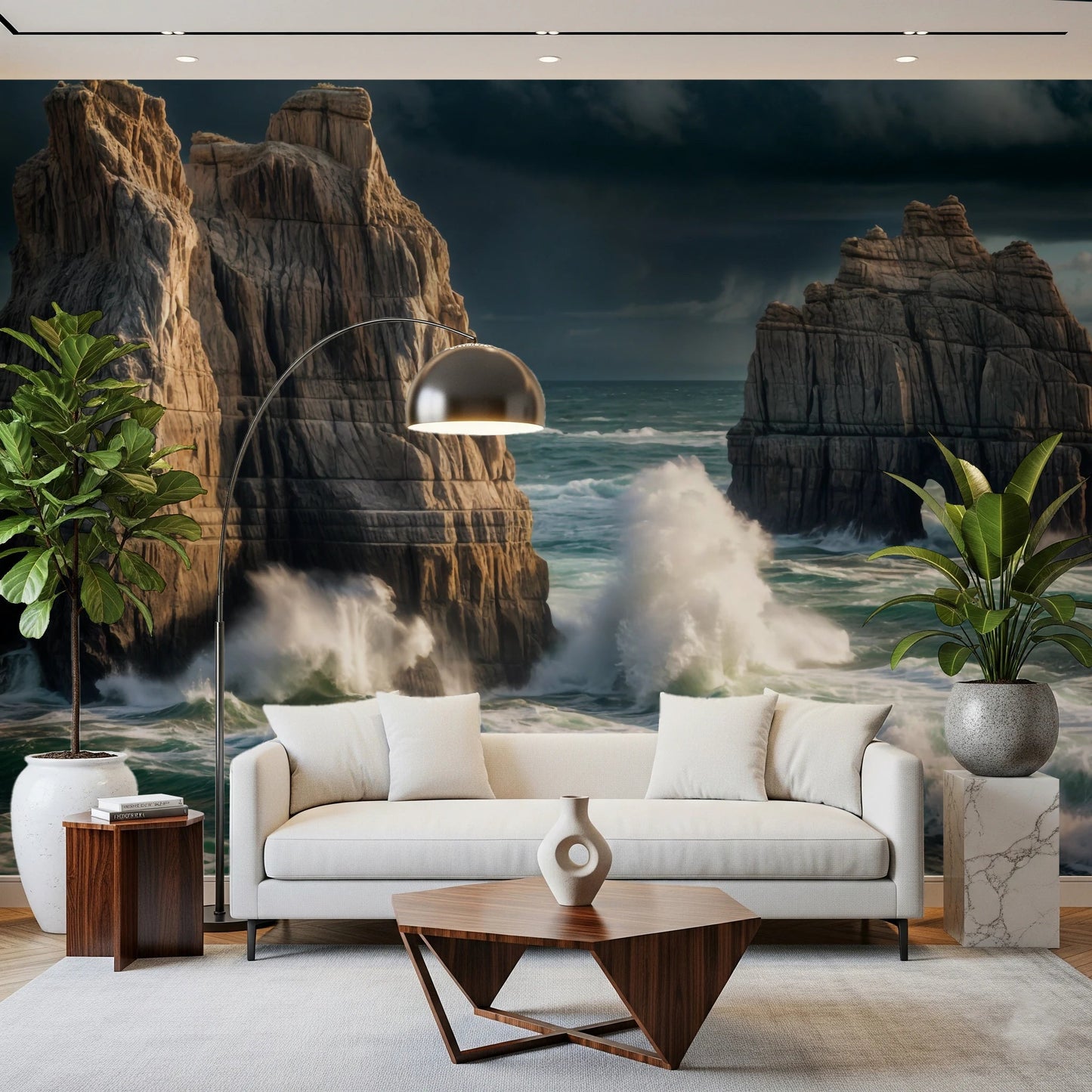 Coastal Giants wallpaper mural behind a white sofa and walnut table with a chrome arc lamp and plants