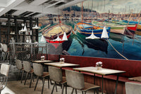 A beautiful coastal town wall mural for a living room.

