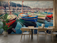 A graceful subtle boat wall mural in bright, tranquil tones.

