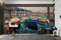 A serene coastal port wall mural for nautical decor.

