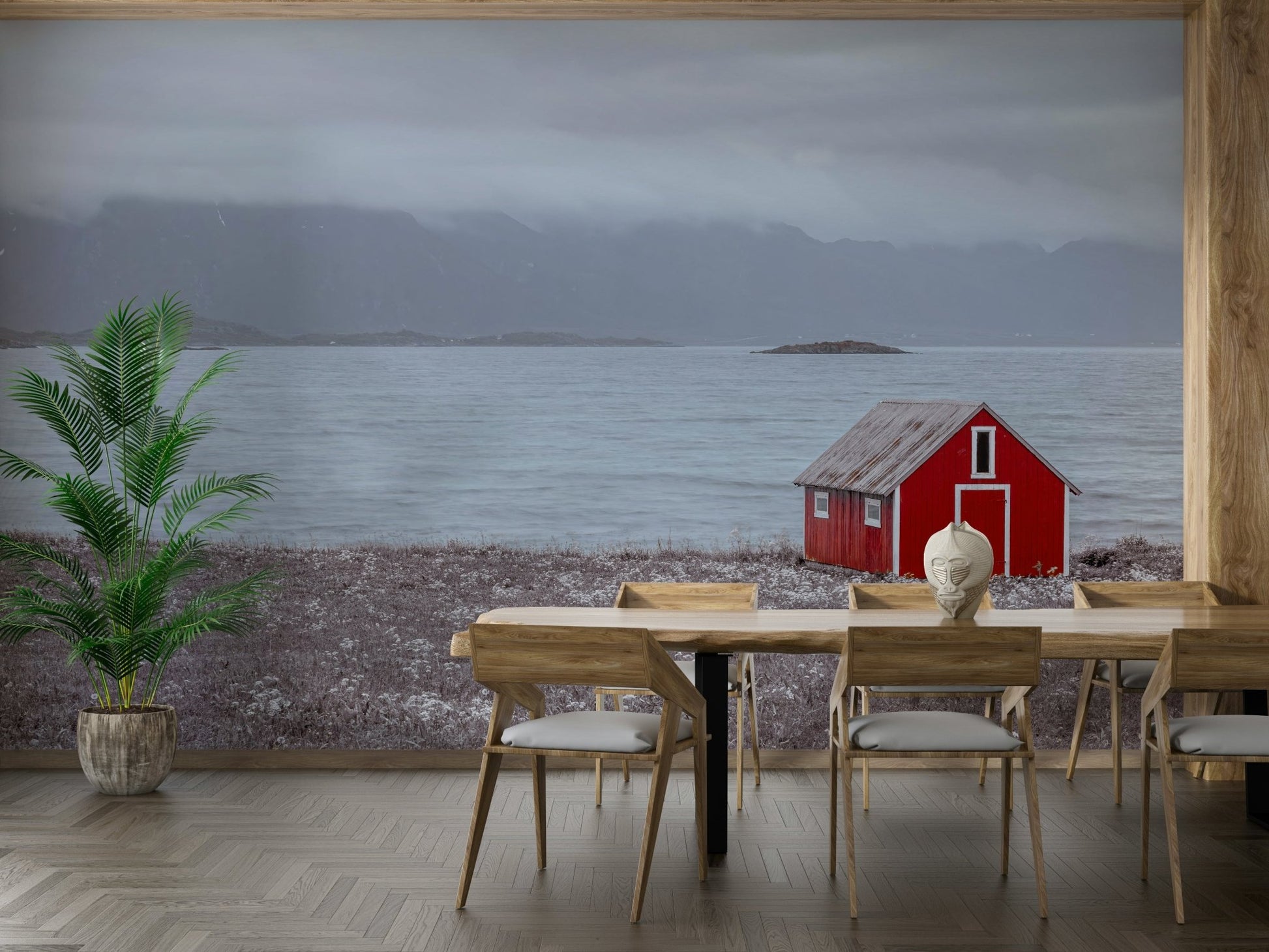 Seaside hideaway mural with a red cabin and peaceful landscape.

