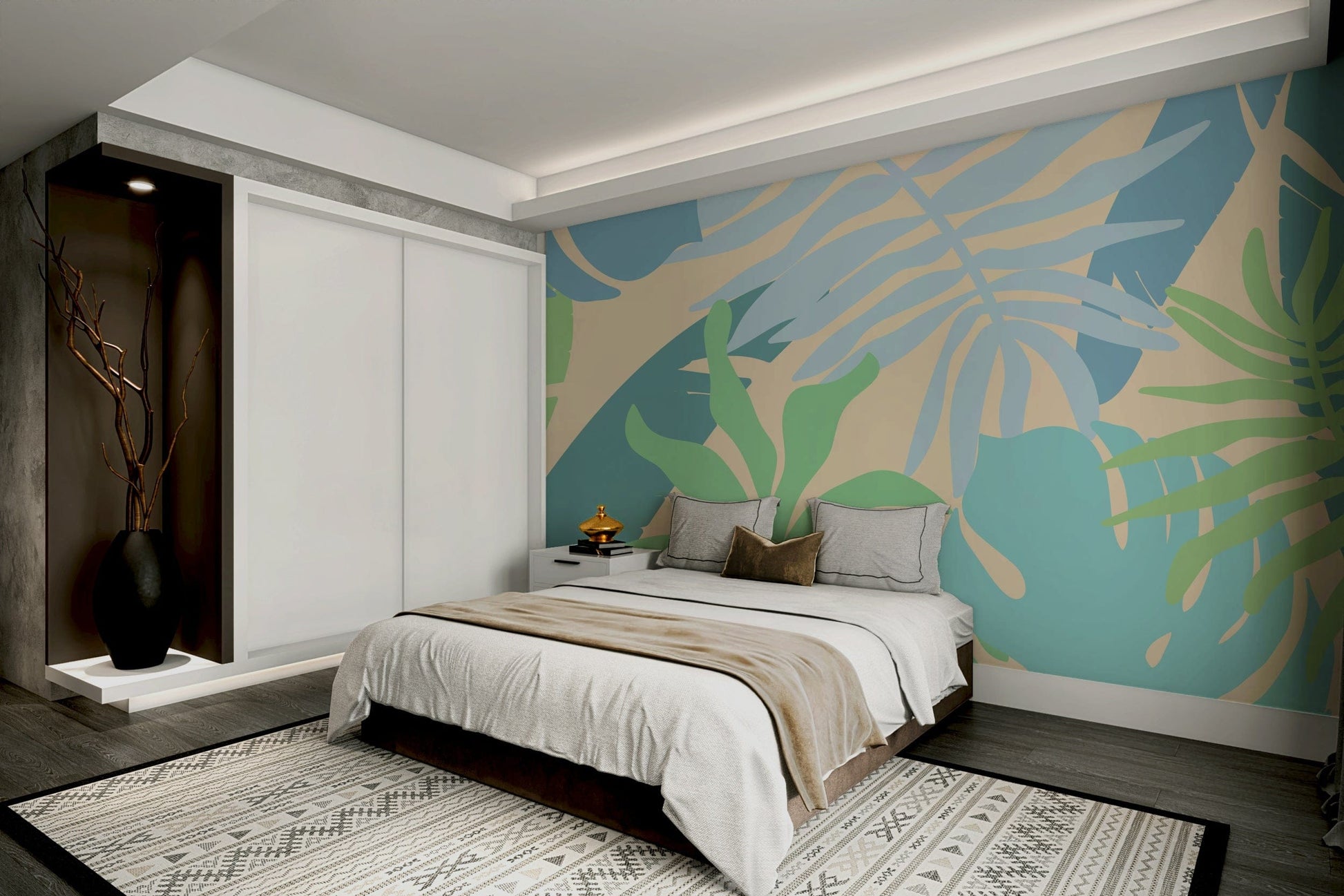 An artistic leaf pattern mural on minimalist wallpaper.

