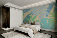An artistic leaf pattern mural on minimalist wallpaper.

