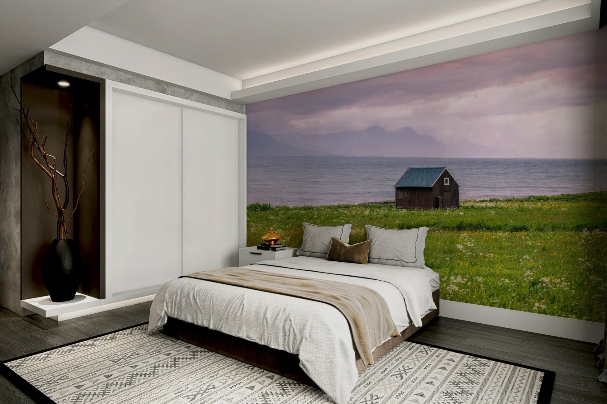 Coastal Meadow Dream Wall Mural featuring a peaceful coastal scene

