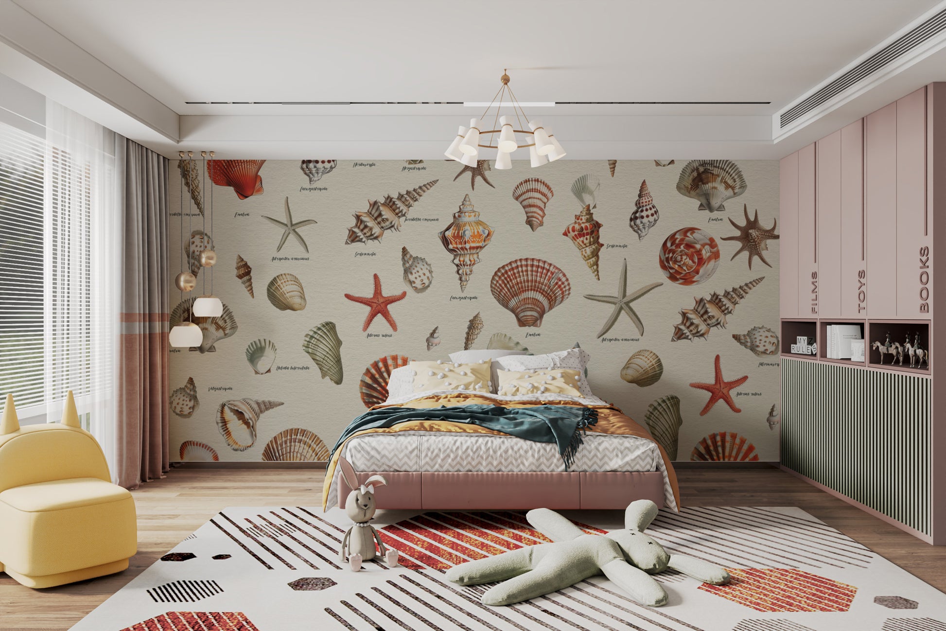 Coastal Memories Seashell wallpaper with red and beige shells and starfish behind a pink bed in a children's bedroom