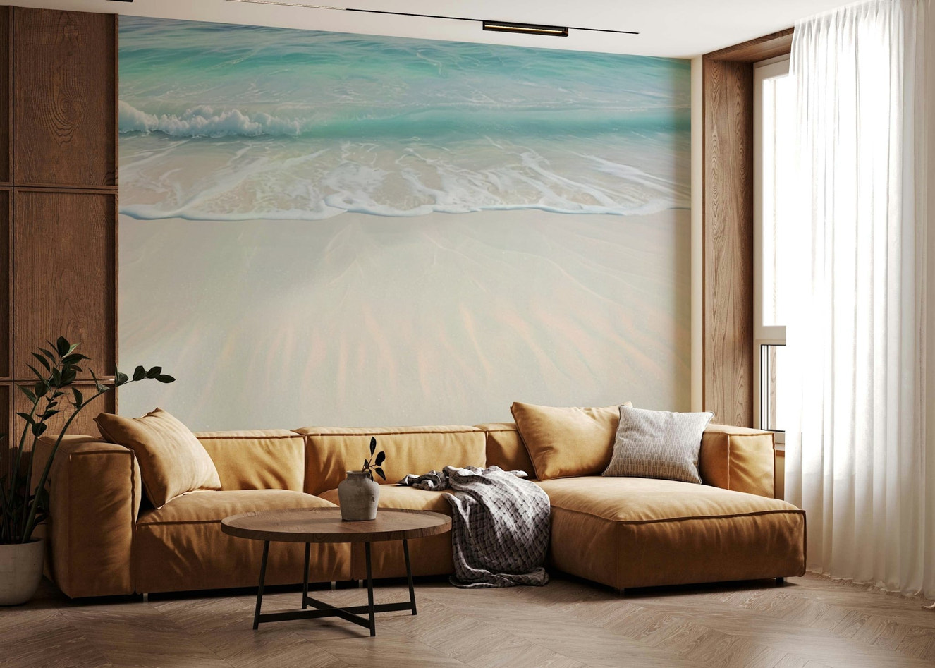 Home office with coastal wall mural behind desk, tidy setup, soft coastal colours