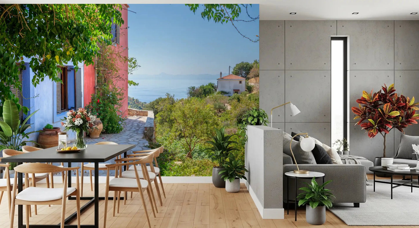 Scenic hillside village overlook on this Coastal Path Charm Wall Mural.