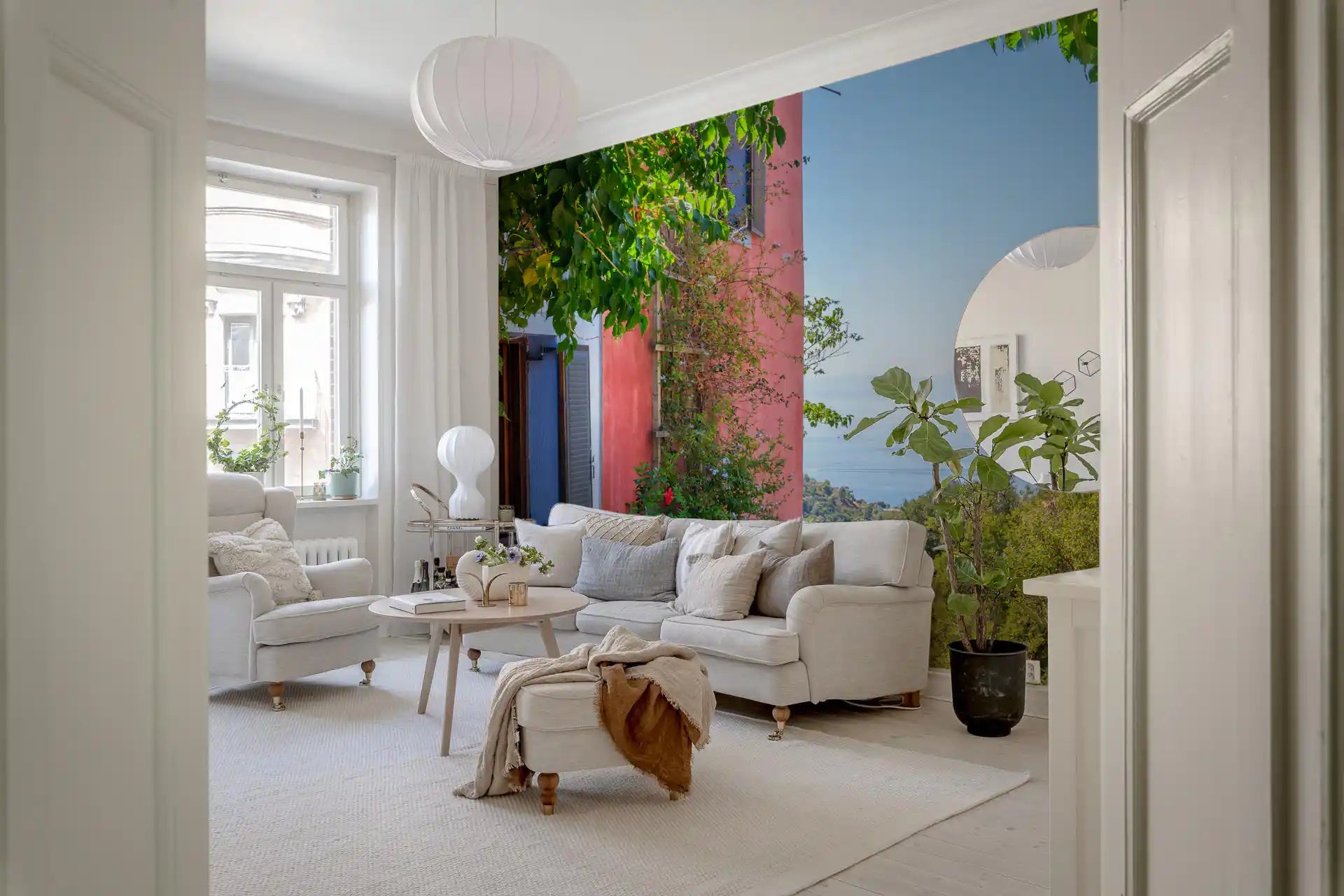 Traditional Greek architecture displayed on Coastal Path Charm Wall Mural.