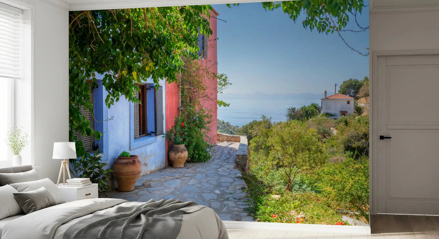 Coastal Path Charm Wall Mural with green trees and vibrant stucco for a bedroom.