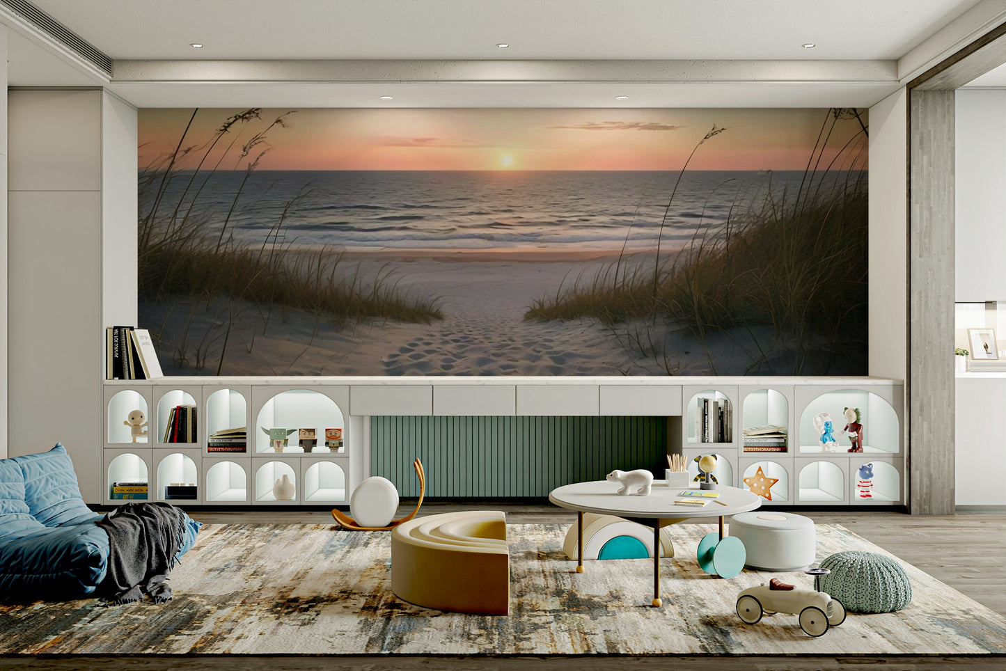 Ocean view mural with beach path

