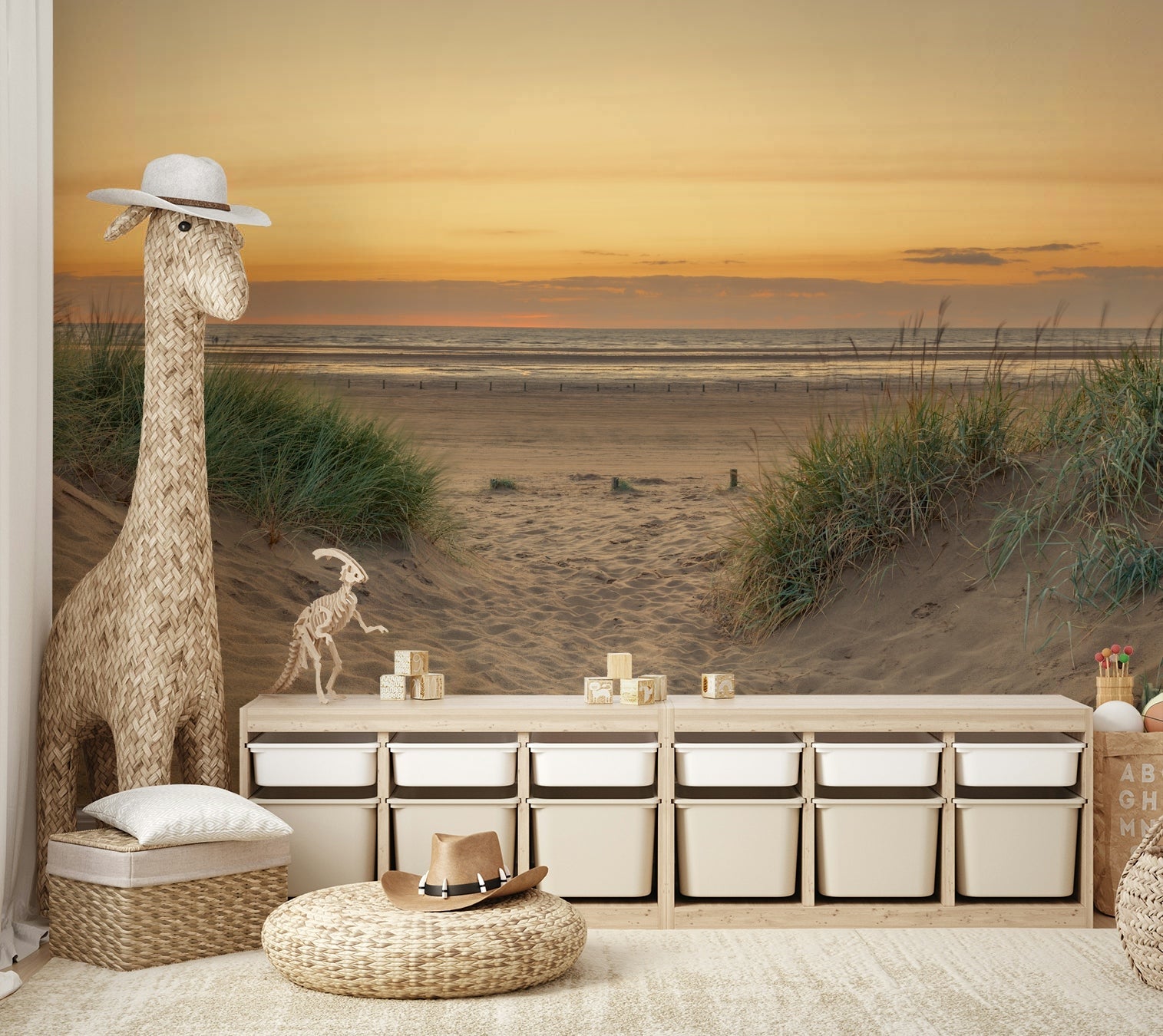 Sandy path mural leading to the ocean under a sunset glow.

