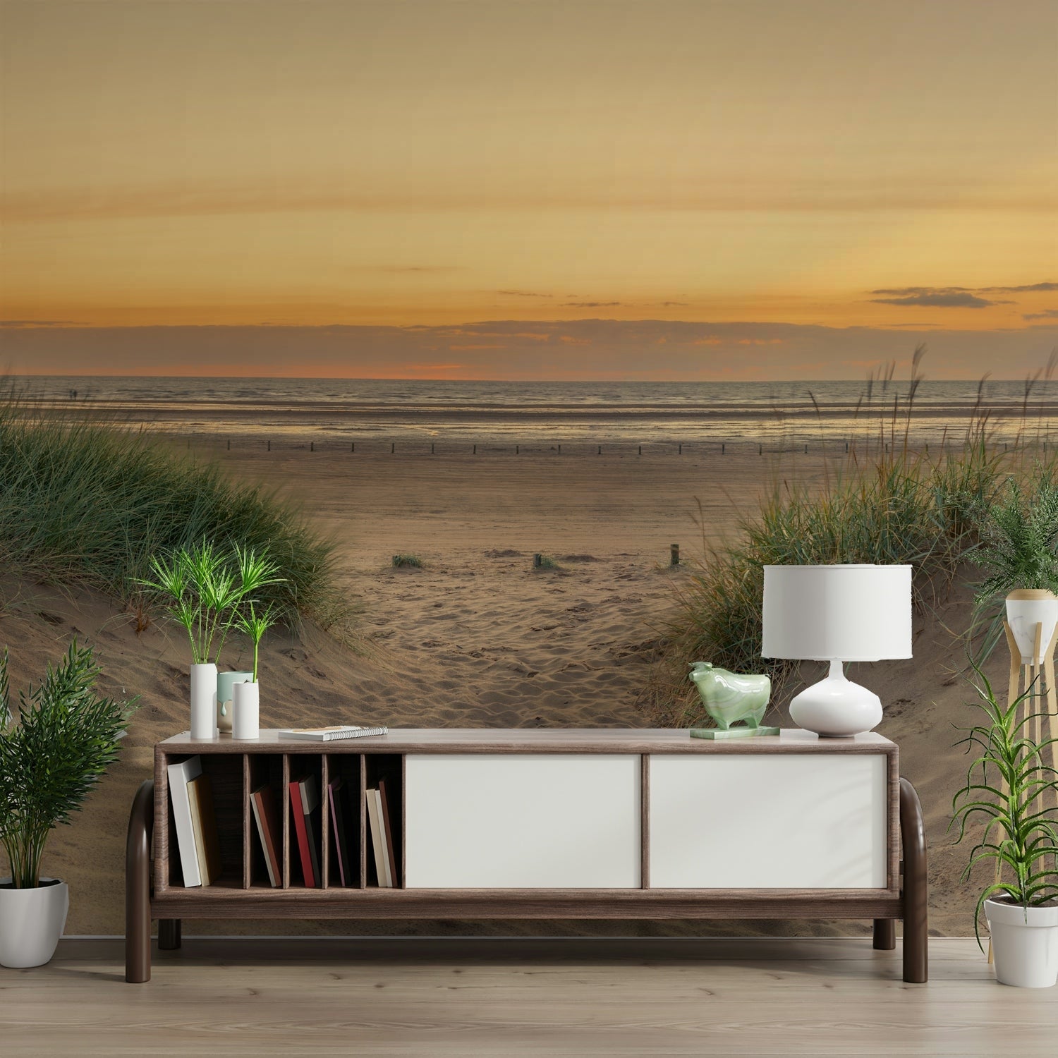 Warm sunset mural with beach pathway and natural elements.

