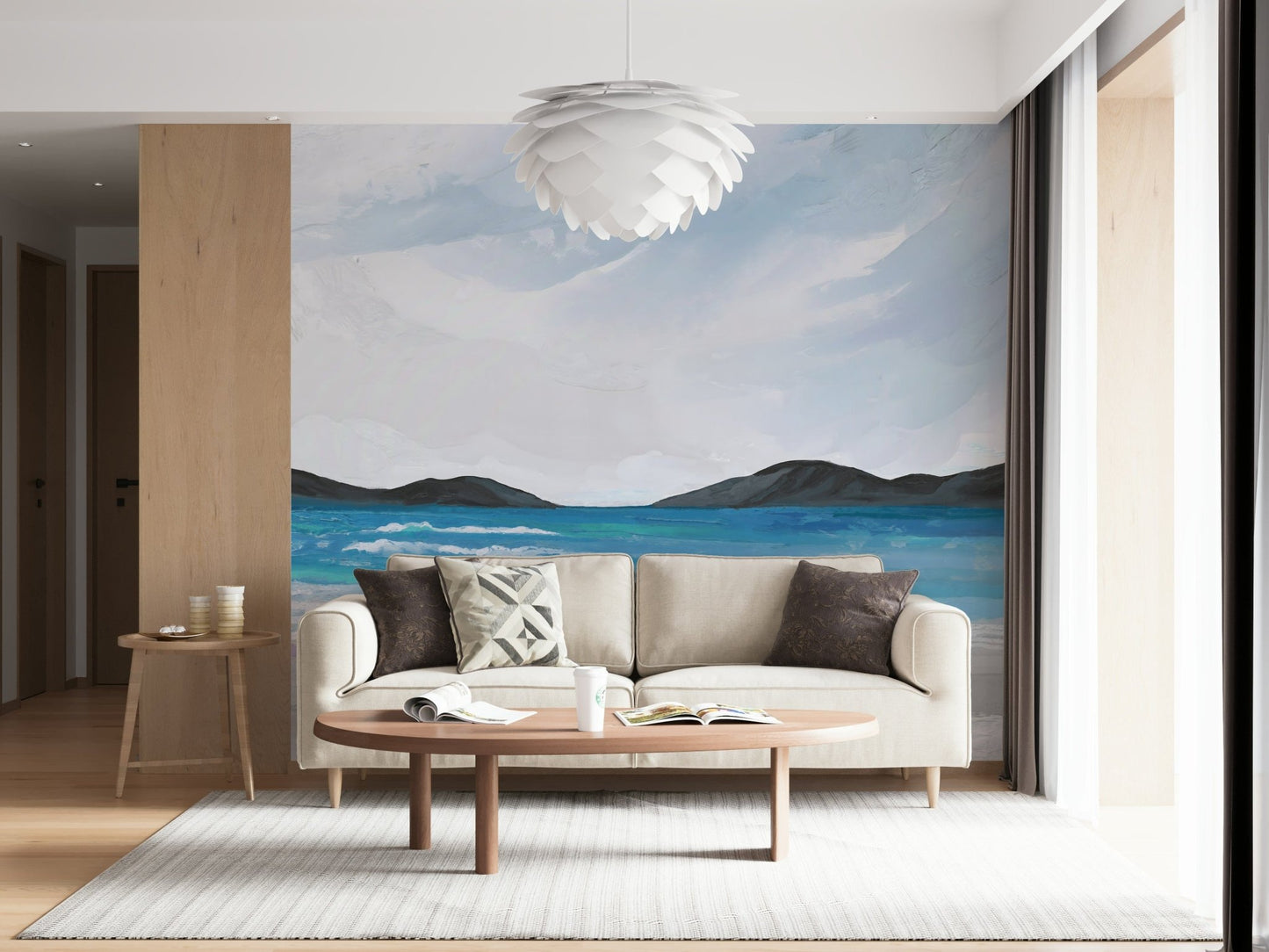 Minimal coastal wall mural with sea and sand details for bedroom walls