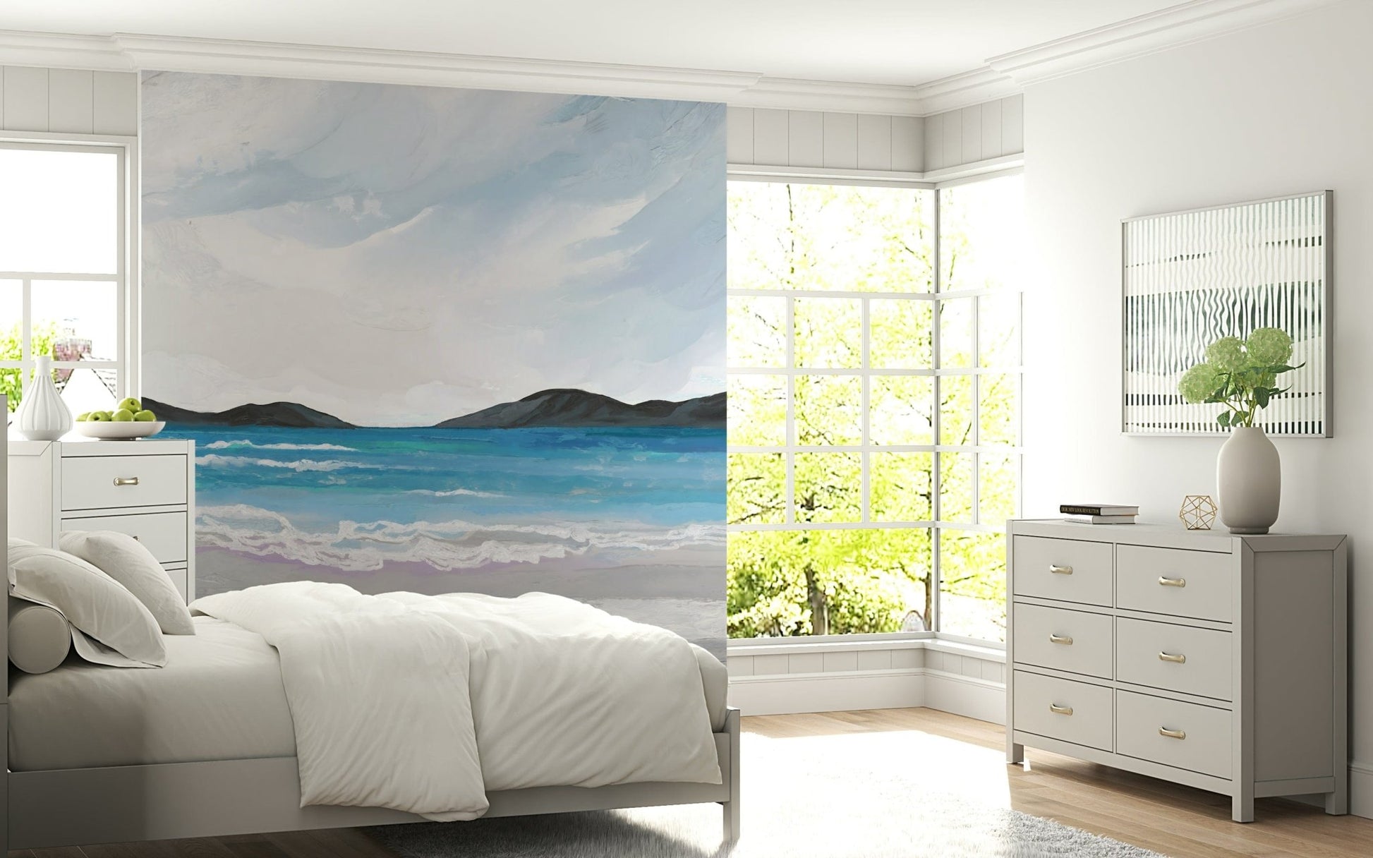Coastal Scene Wall Mural with calm ocean view in soft blue tones for living room wall decor