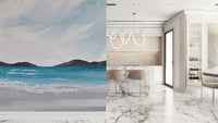 Seaside wall mural with soft coastal colours for home office wall decor