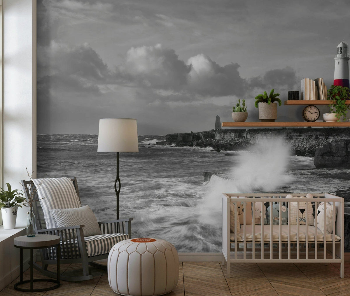Stormy ocean wall mural with rocky shore