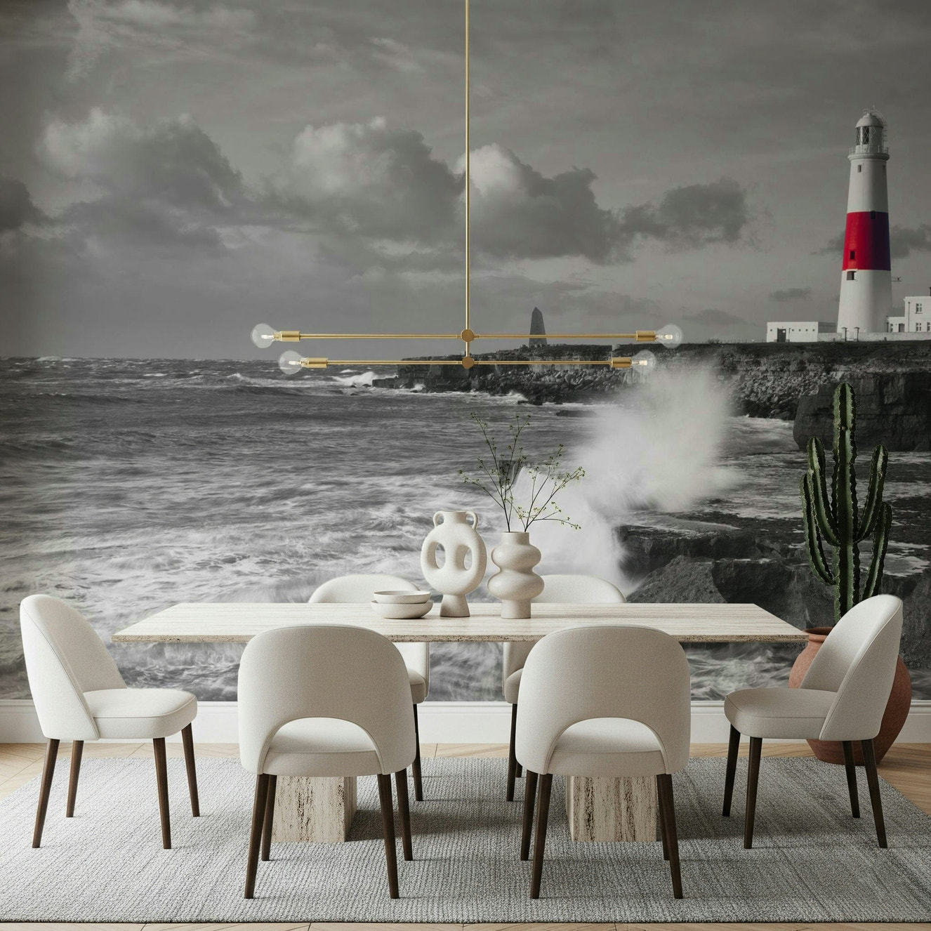 Lighthouse coast wall mural with crashing waves
