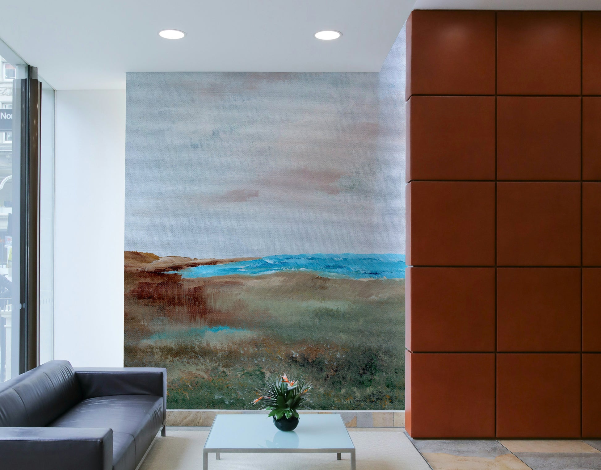 Blue and beige coastal mural for relaxing interiors

