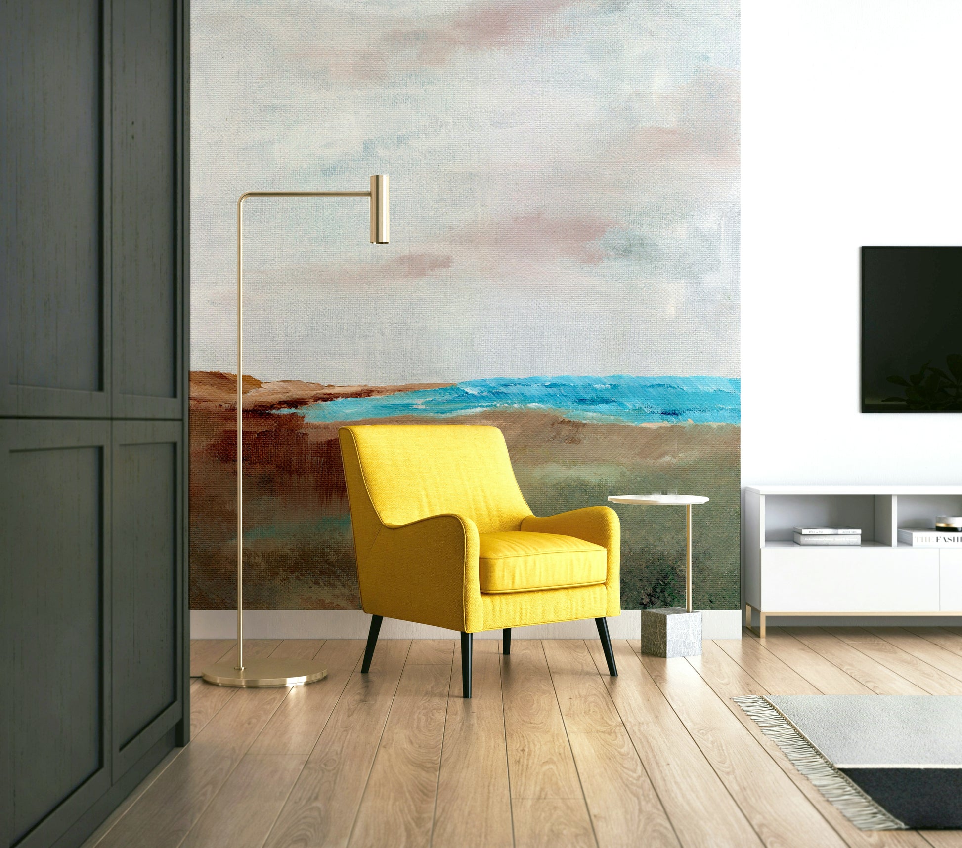 Soft beach scene mural with gentle waves and clouds

