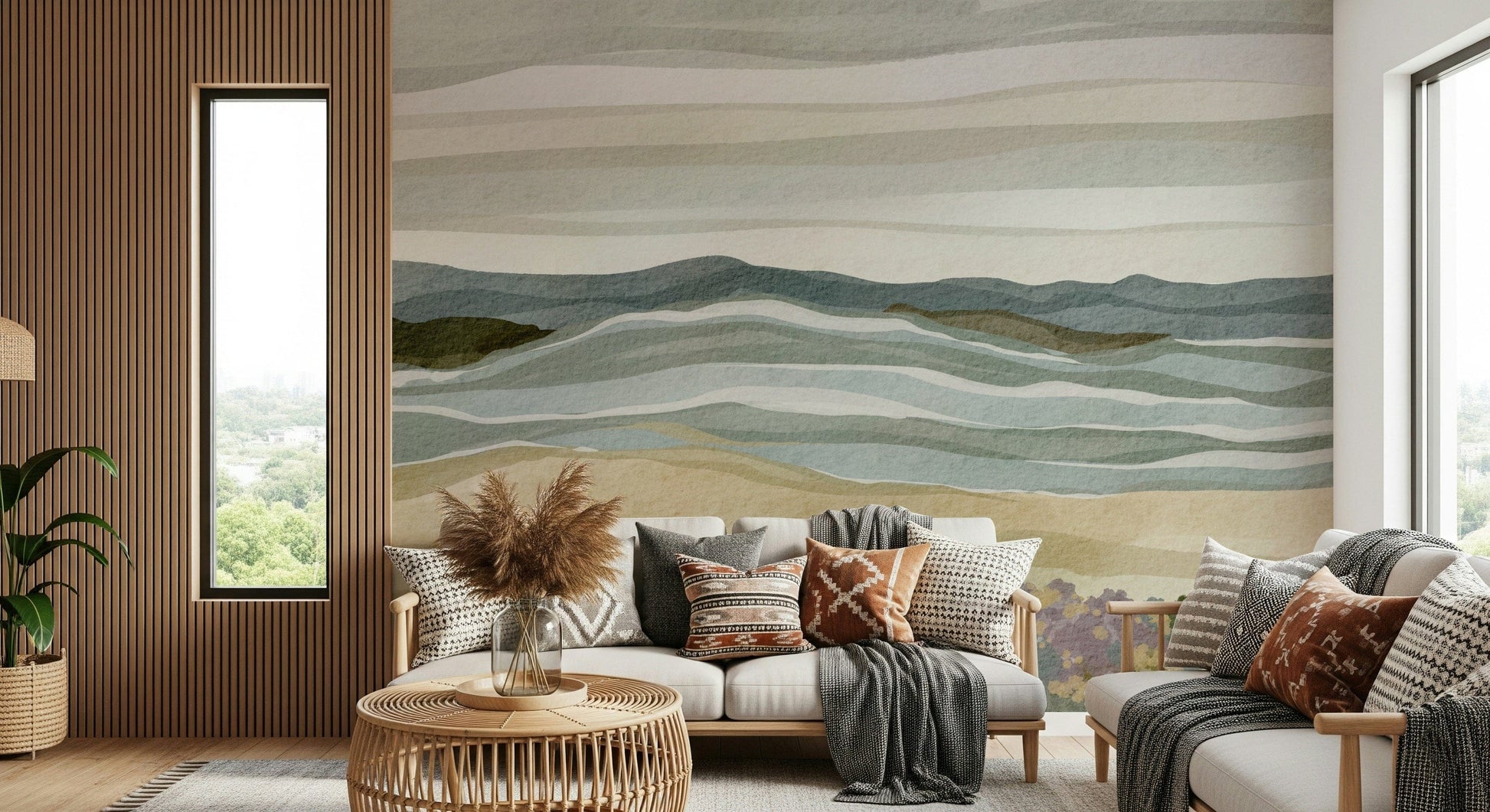 Nature inspired wall covering named Coastal Serenity with grassy sand banks.