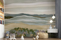 Seaside Coastal Serenity art showing layered blue water and beige dunes.
