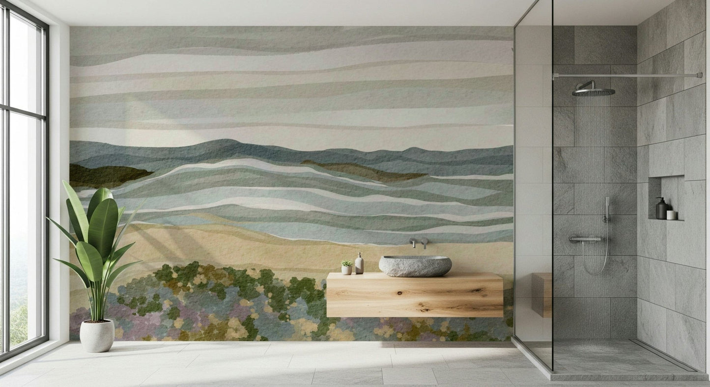Relaxing beach landscape mural wallpaper titled Coastal Serenity with floral texture.