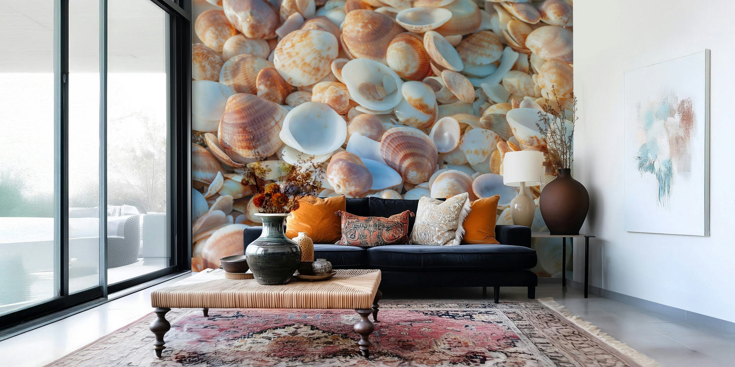 Relaxing Shellscape aquatic wall mural calming beach scene.