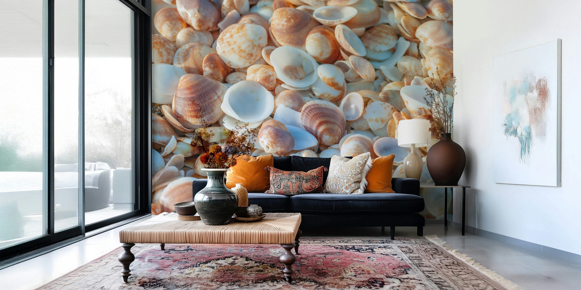 Relaxing Shellscape aquatic wall mural calming beach scene.
