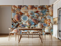 Assorted Coastal clam shells neutral tone wallpaper print.