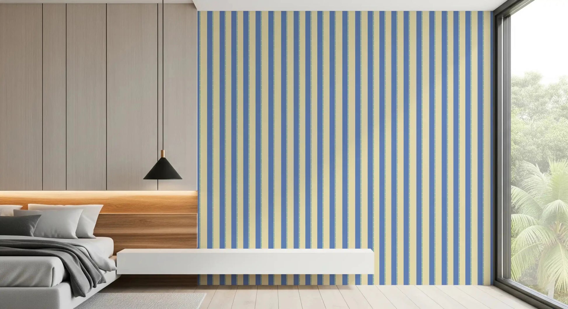 Symmetrical blue striped wallpaper providing a structured and calm wall display.