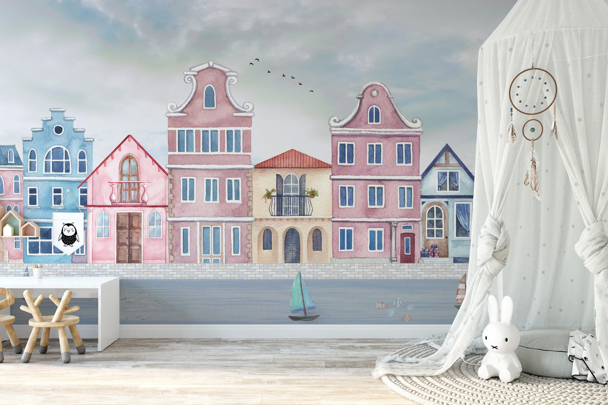 Elegant coastal mural wallpaper featuring