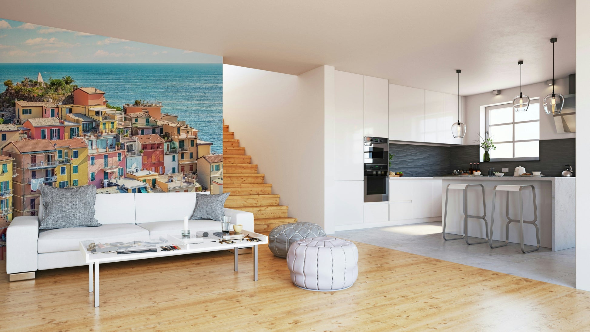 A peaceful waterfront view mural on decorative wallpaper.

