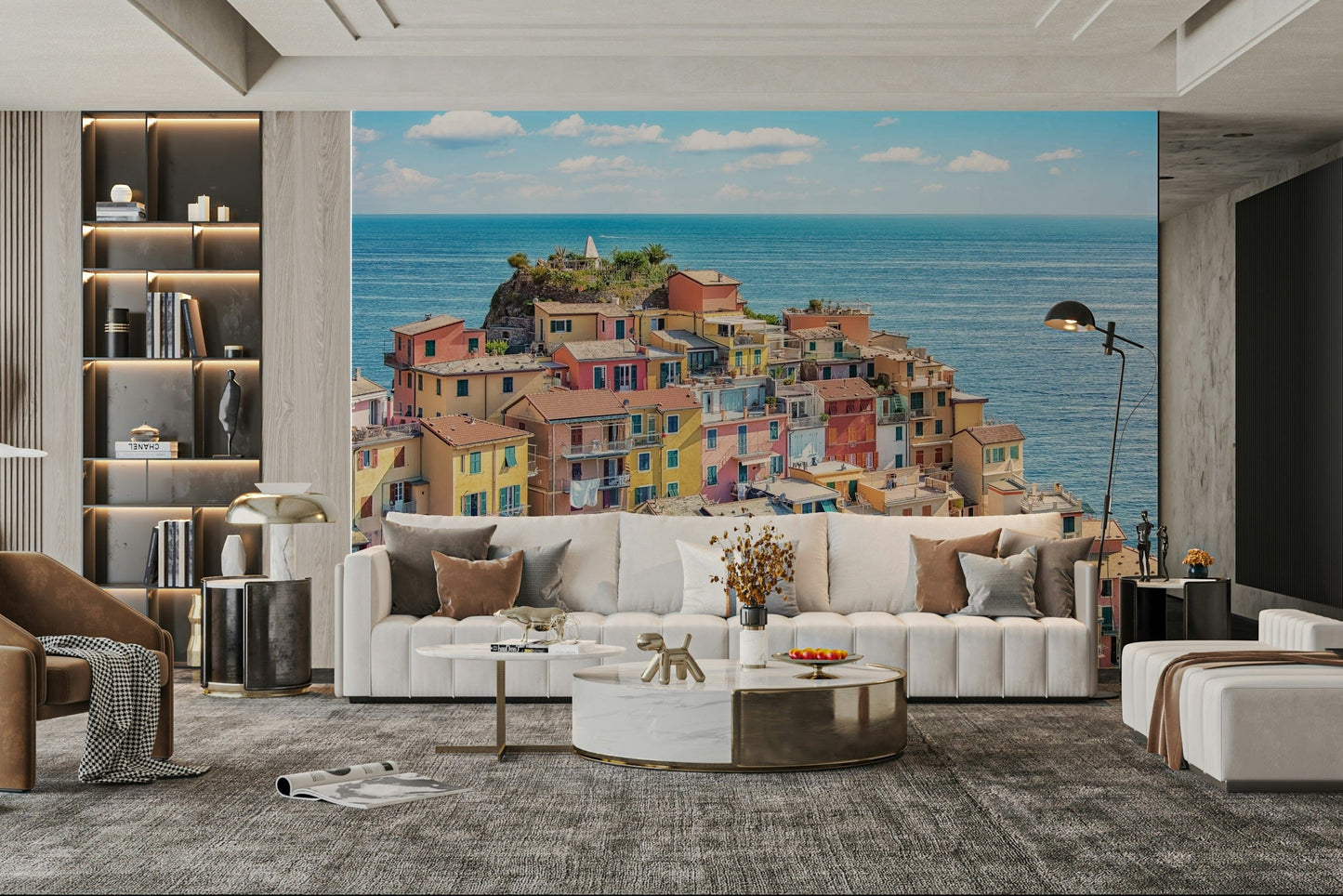 A serene seaside town wall mural for your decor.

