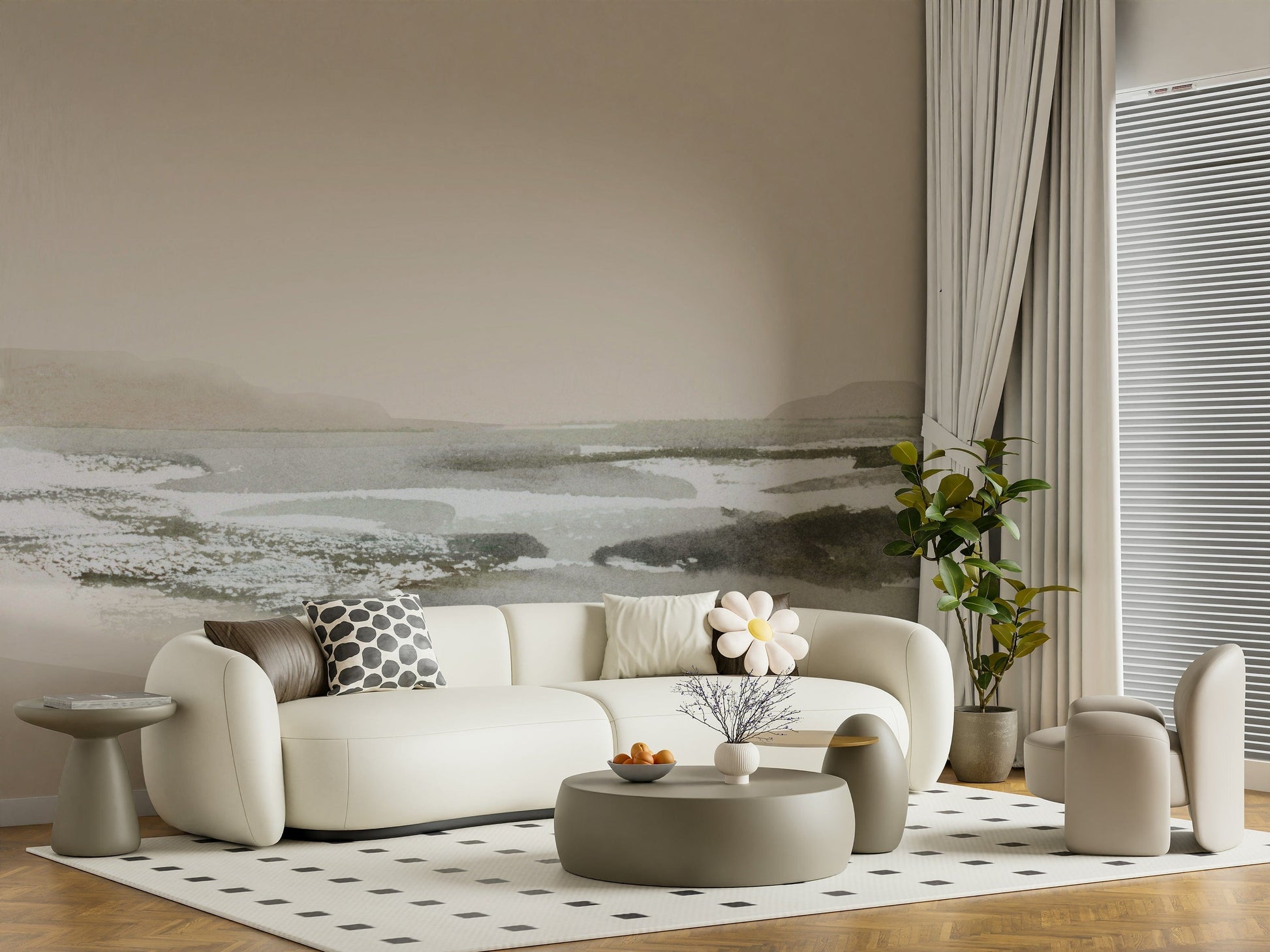 A graceful subtle pattern wall mural in cool, tranquil tones.