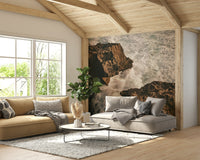 The wallpaper is used as a feature wall in a bedroom.

