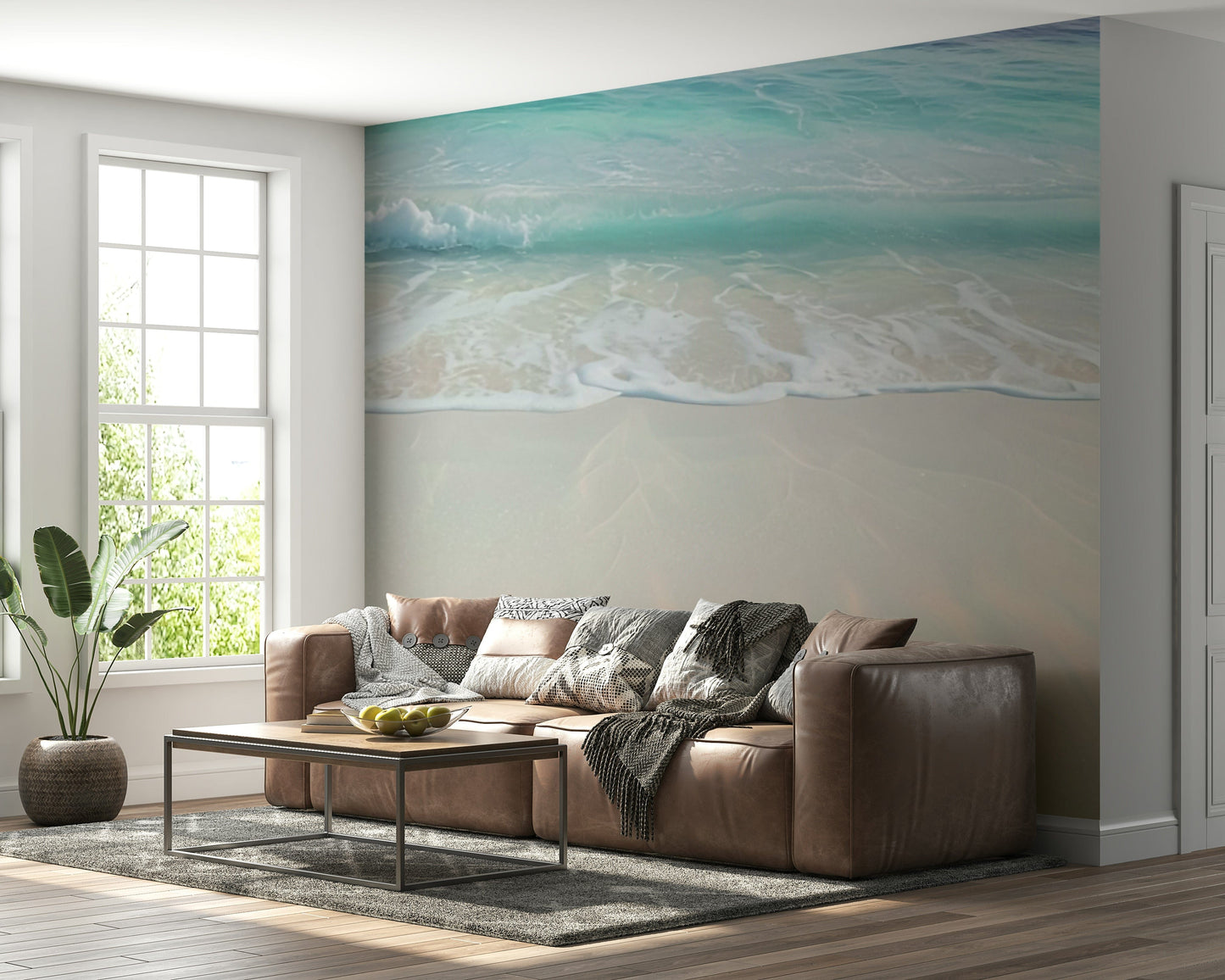Bedroom feature wall with coastal mural, neutral bedding, warm lighting, calm seaside view