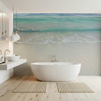 Bathroom wall with coastal mural, spa-style décor, soft ocean colours, clean look