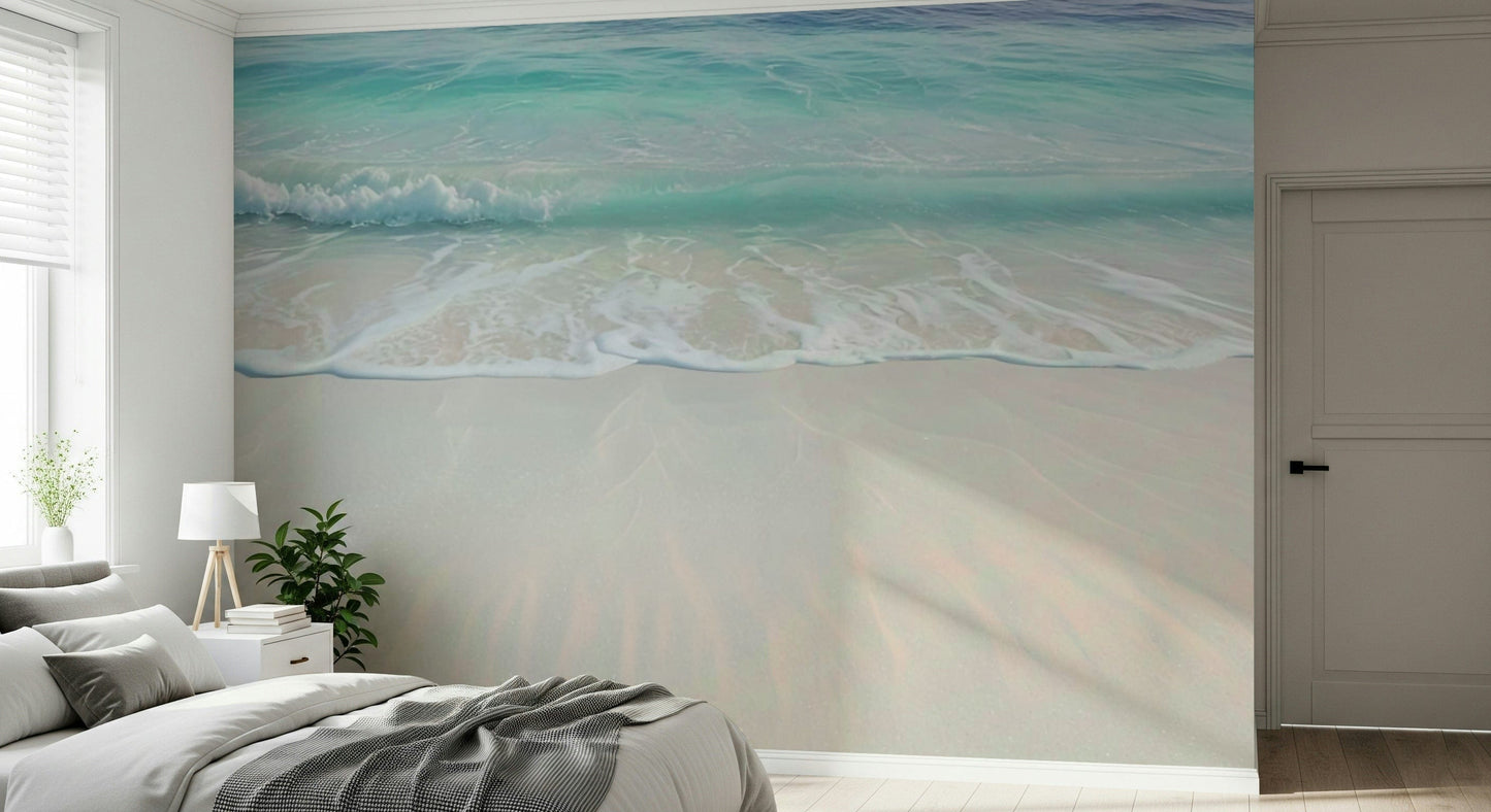 Hallway feature wall with coastal mural wallpaper, slim console, simple home décor