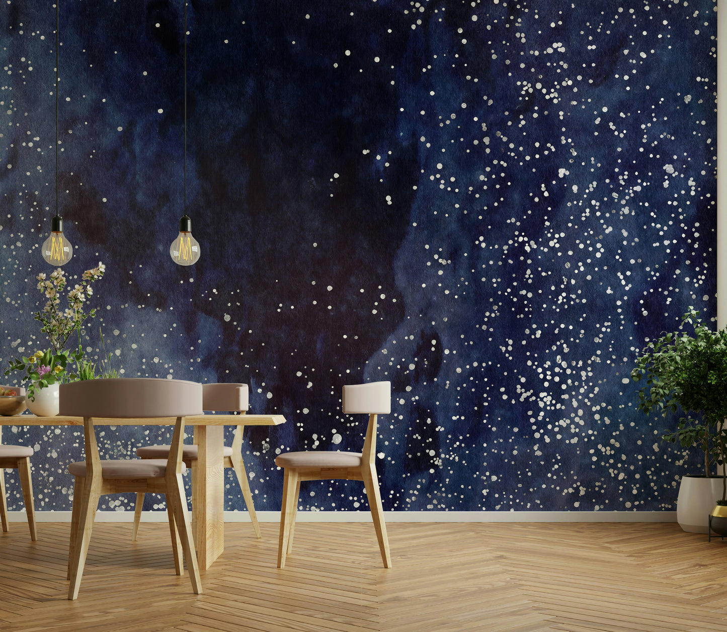 Cobalt Galaxy Wall Mural with deep blue starry sky design.

