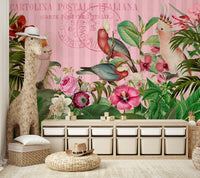 Bold floral wallpaper with exotic birds

