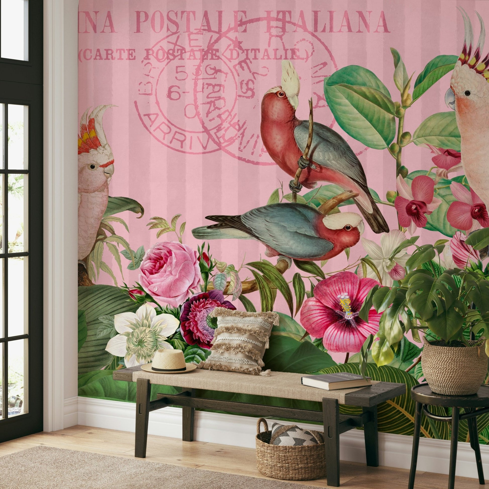 Wall mural with jungle foliage and cockatoos

