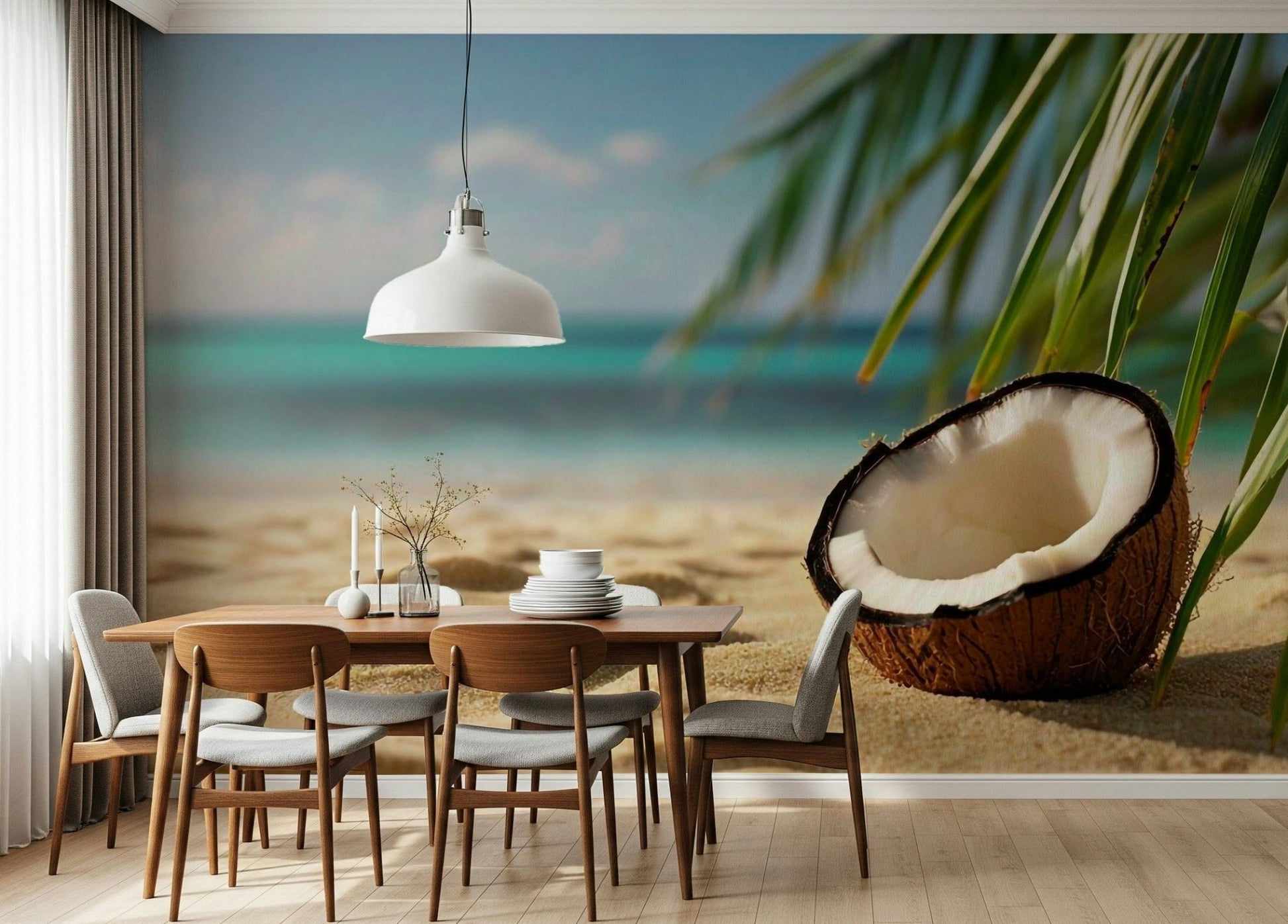 Stylish mural depicting a quiet tropical grove for a conservatory or sunroom.