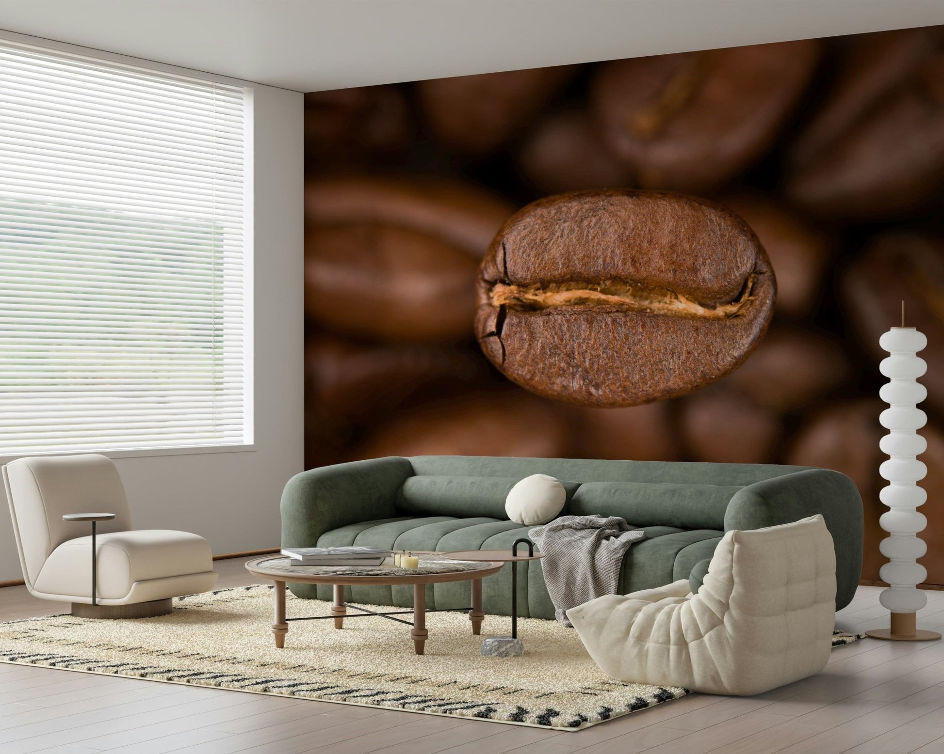 The wallpaper uses a close-up of roasted coffee beans to bring depth, texture, and earthy tones to the wall.