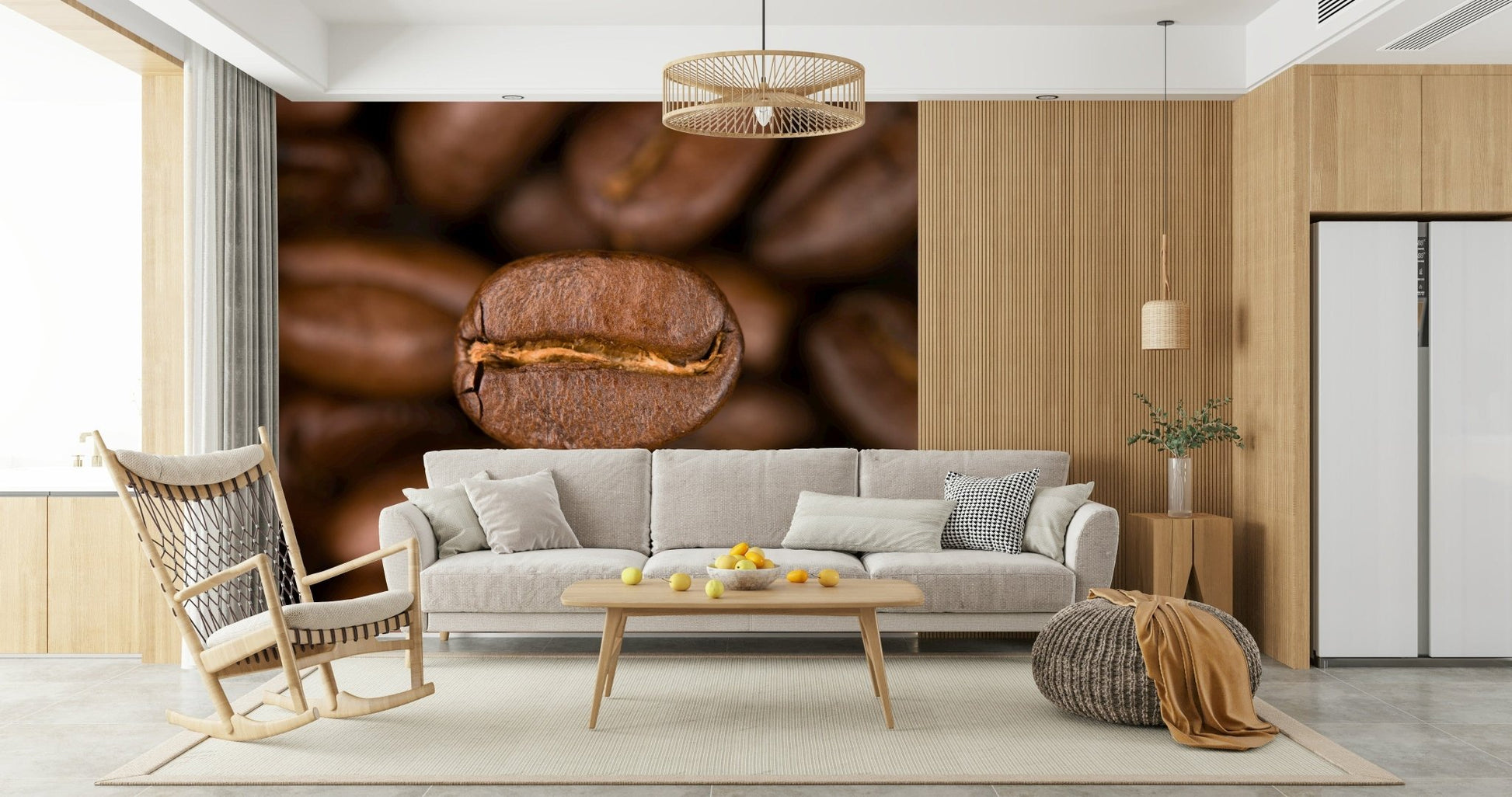 A textured wallpaper featuring detailed coffee beans, ideal for creating a cozy and inviting environment.
